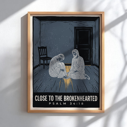 Poster featuring Close to the Brokenhearted text with a blue linocut style illustration.