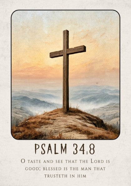 Inspirational religious poster featuring Psalm 34:8 with a wooden cross and serene landscape in warm colors.