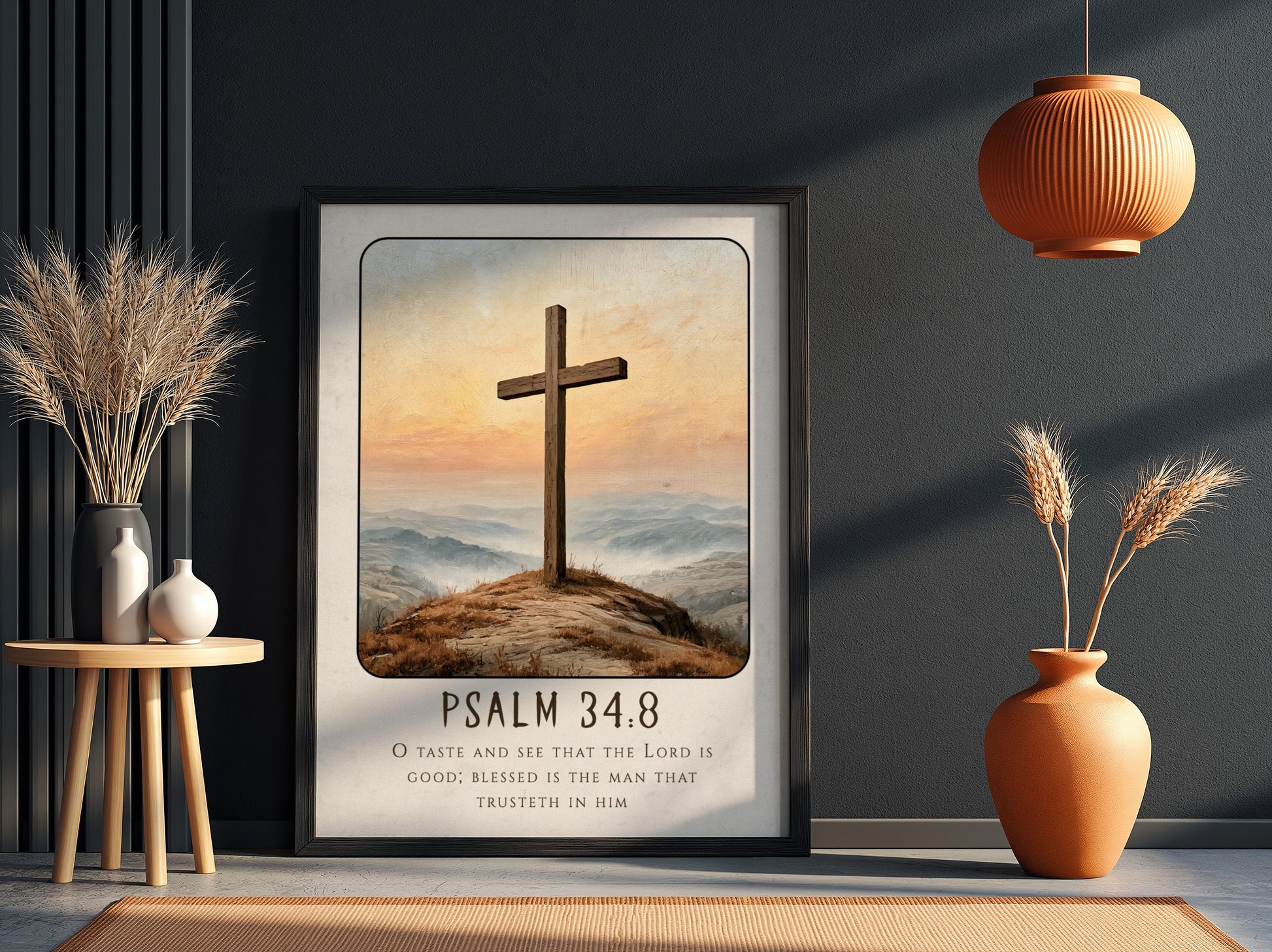 Inspirational religious poster featuring Psalm 34:8 with a wooden cross and serene landscape in warm colors.