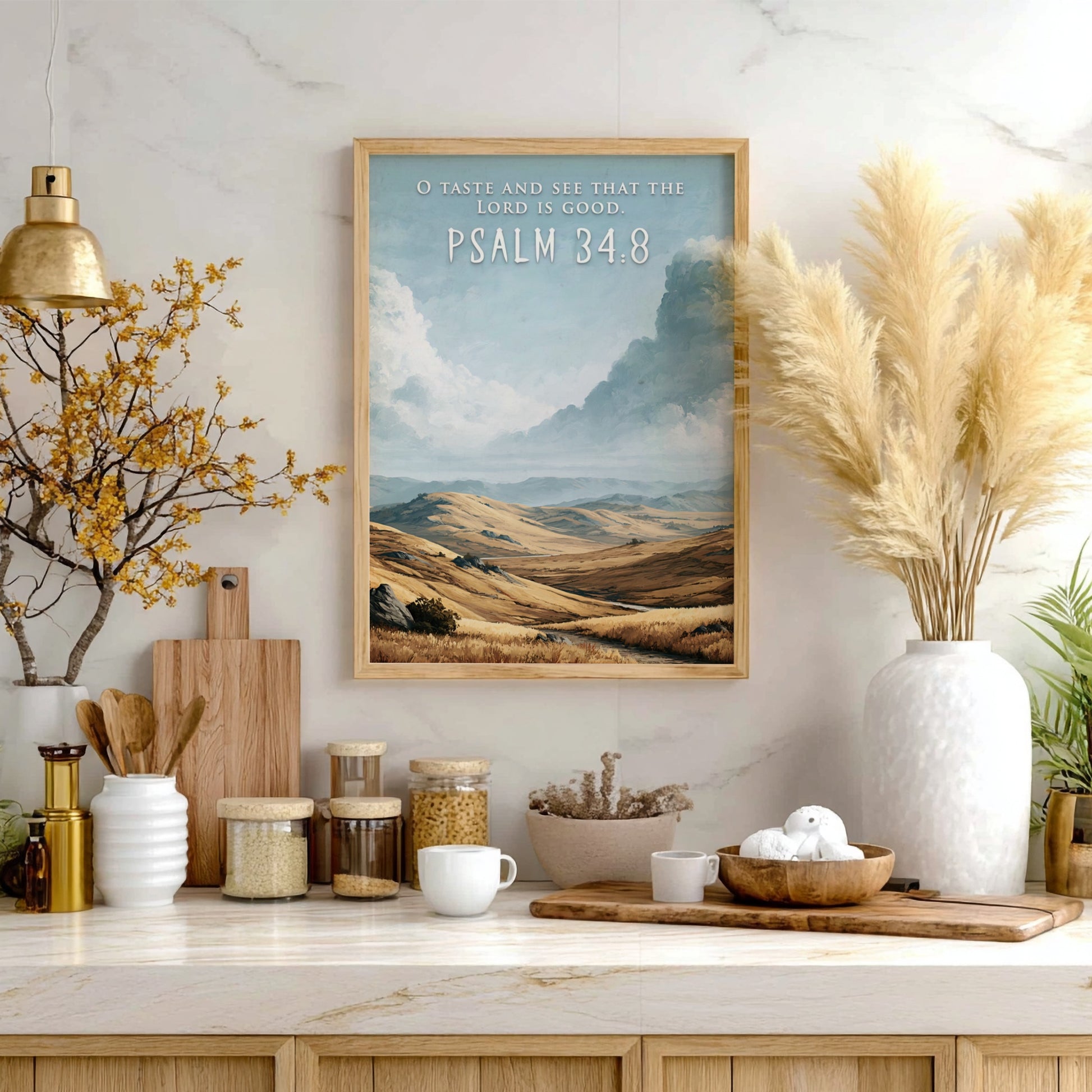 Poster featuring golden rolling hills under a vast sky with O Taste And See.