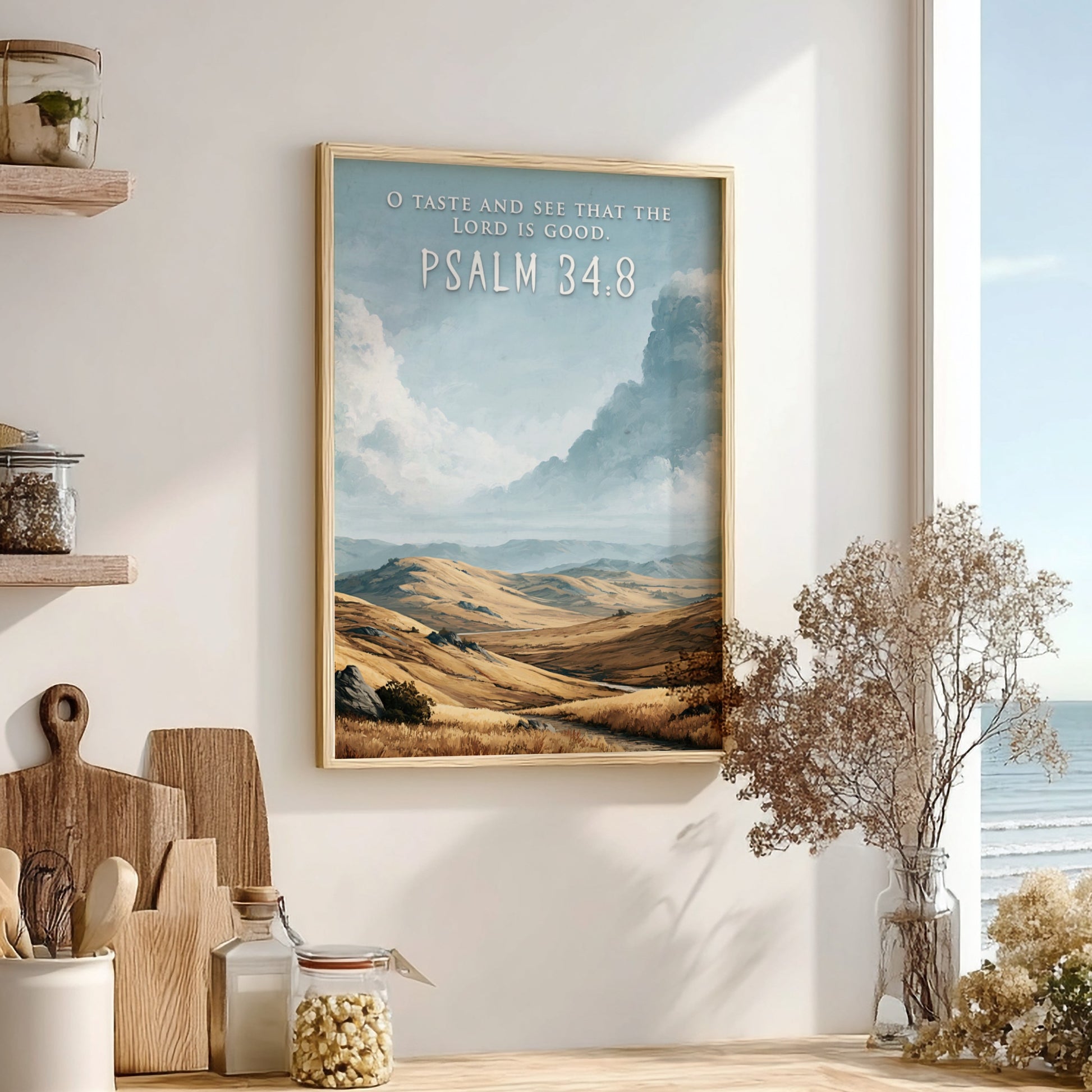 Poster featuring golden rolling hills under a vast sky with O Taste And See.