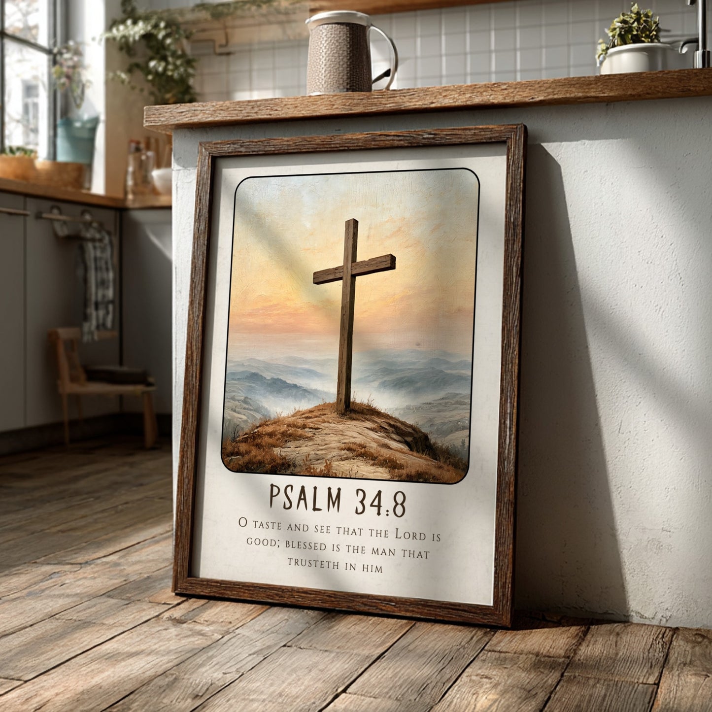 Inspirational religious poster featuring Psalm 34:8 with a wooden cross and serene landscape in warm colors.