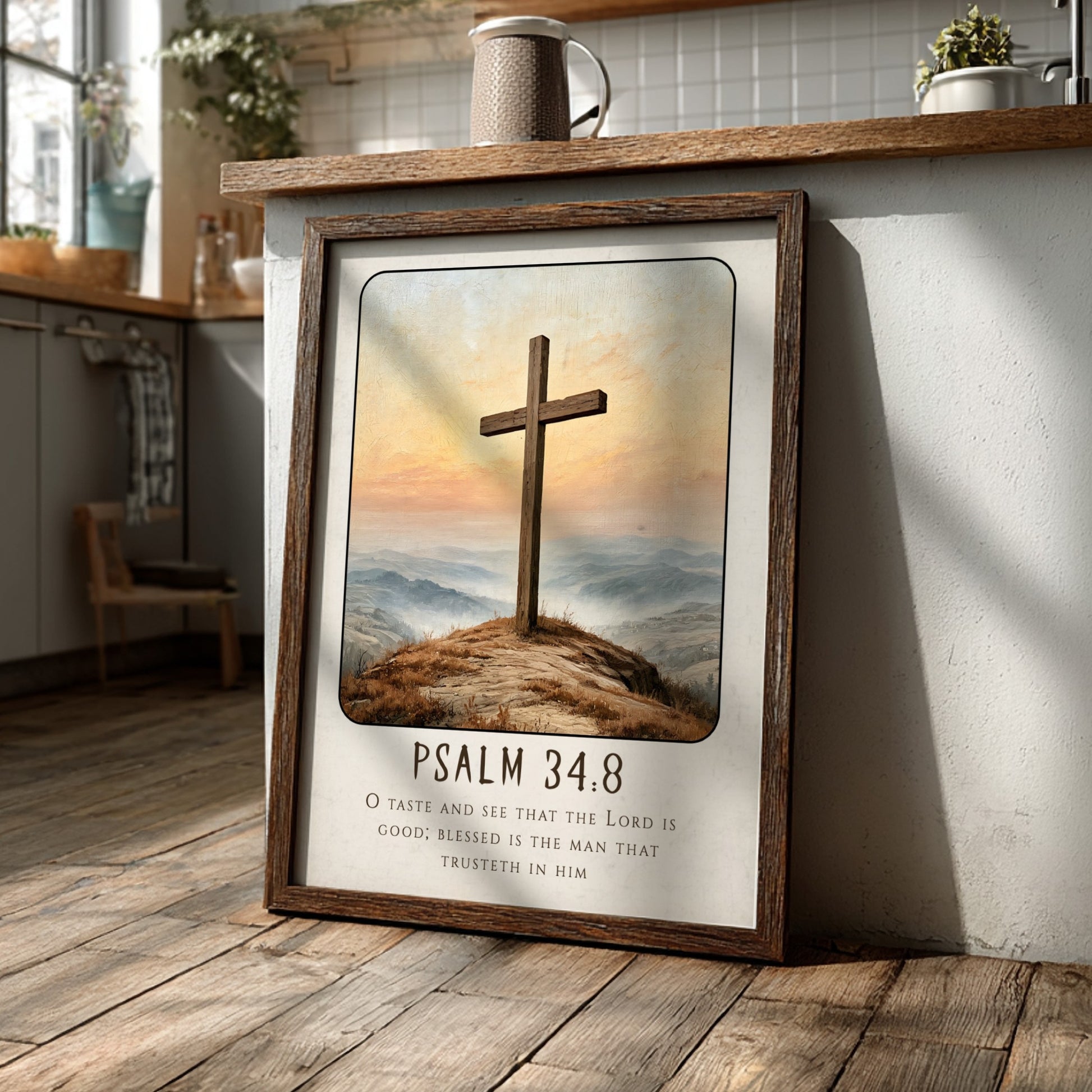 Inspirational religious poster featuring Psalm 34:8 with a wooden cross and serene landscape in warm colors.
