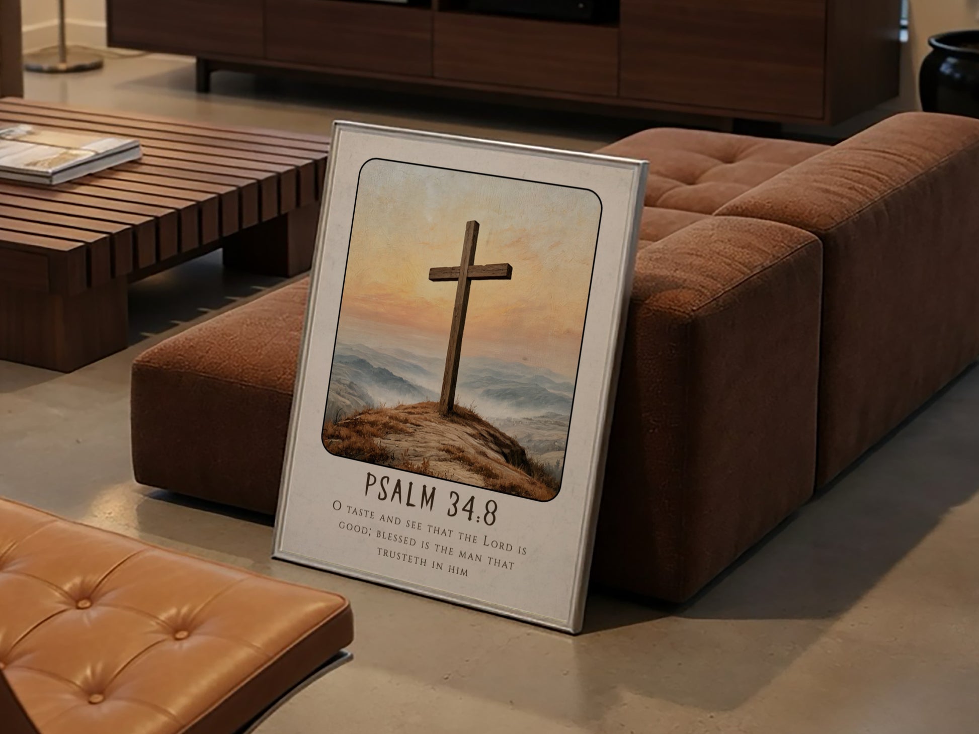 Inspirational religious poster featuring Psalm 34:8 with a wooden cross and serene landscape in warm colors.