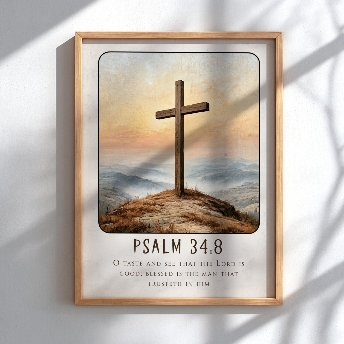 Inspirational religious poster featuring Psalm 34:8 with a wooden cross and serene landscape in warm colors.