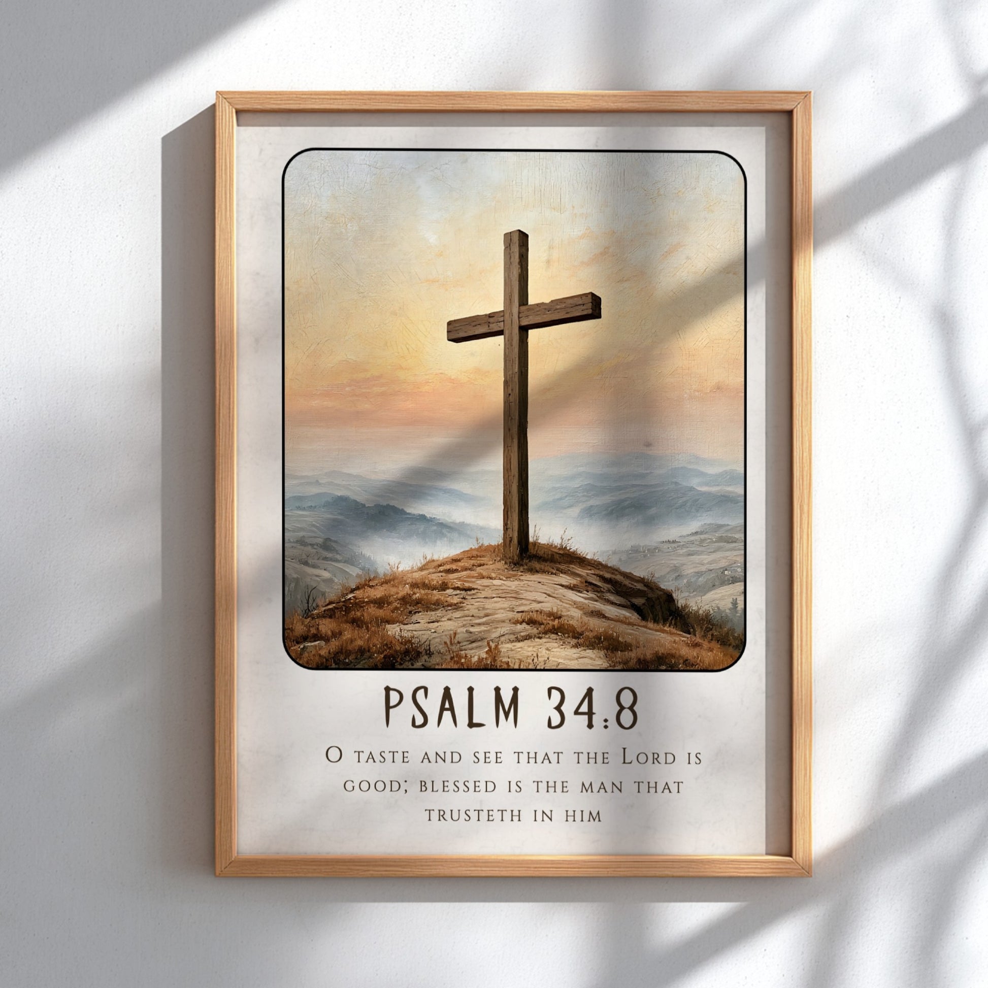 Inspirational religious poster featuring Psalm 34:8 with a wooden cross and serene landscape in warm colors.