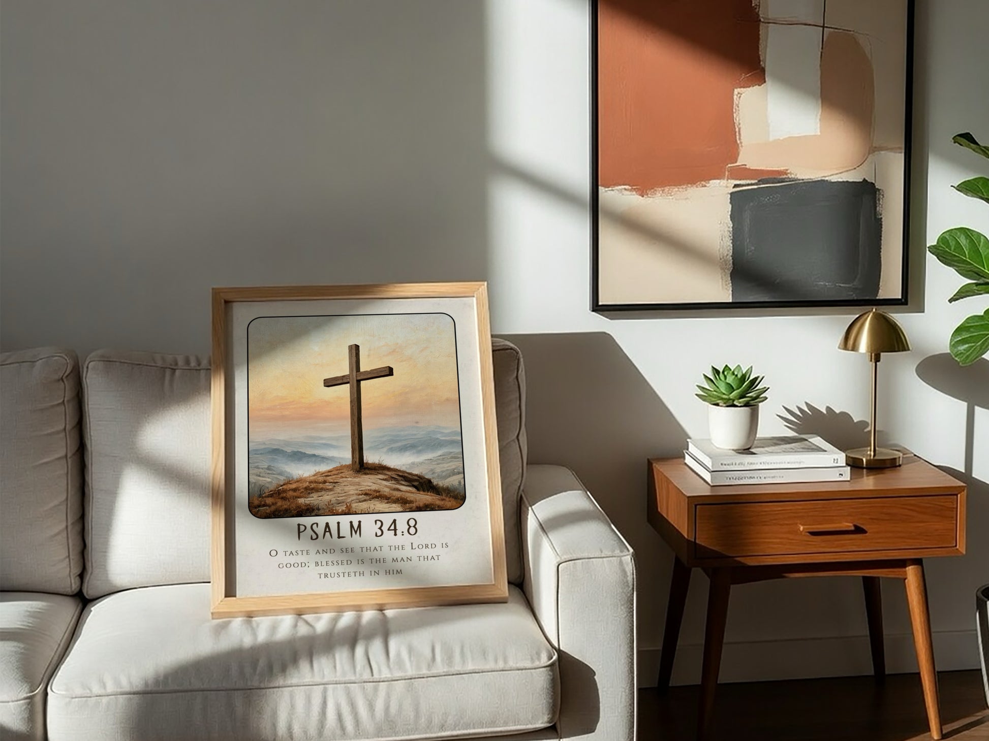 Inspirational religious poster featuring Psalm 34:8 with a wooden cross and serene landscape in warm colors.