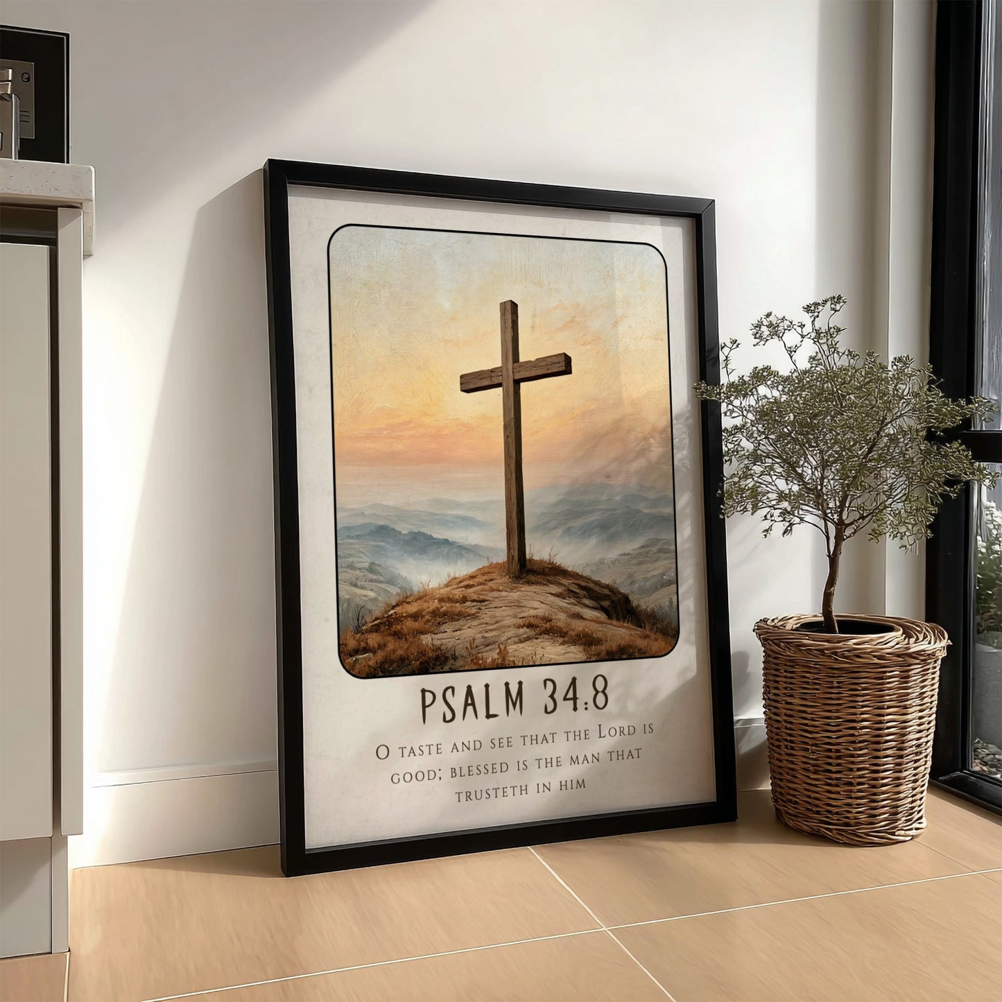 Inspirational religious poster featuring Psalm 34:8 with a wooden cross and serene landscape in warm colors.