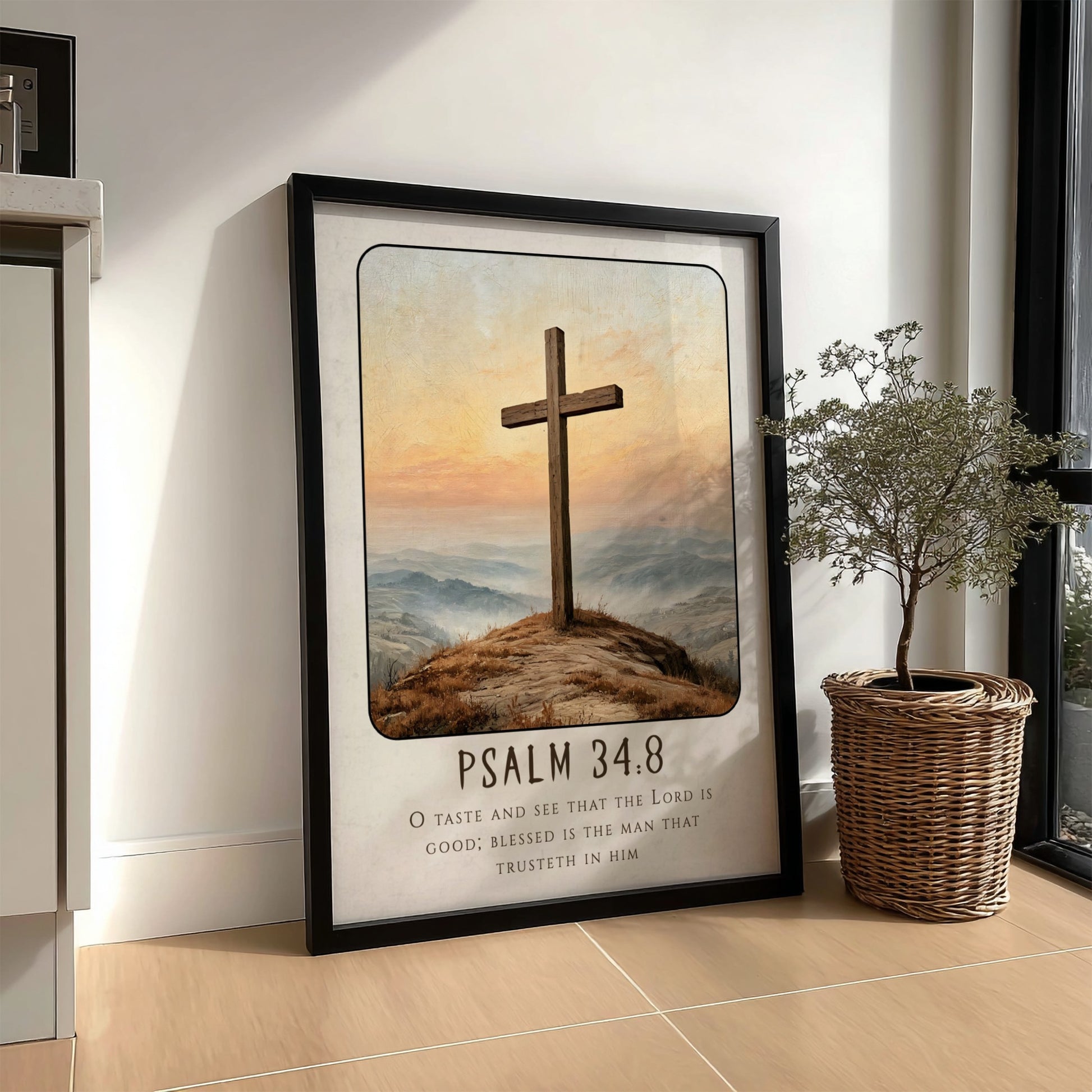 Inspirational religious poster featuring Psalm 34:8 with a wooden cross and serene landscape in warm colors.