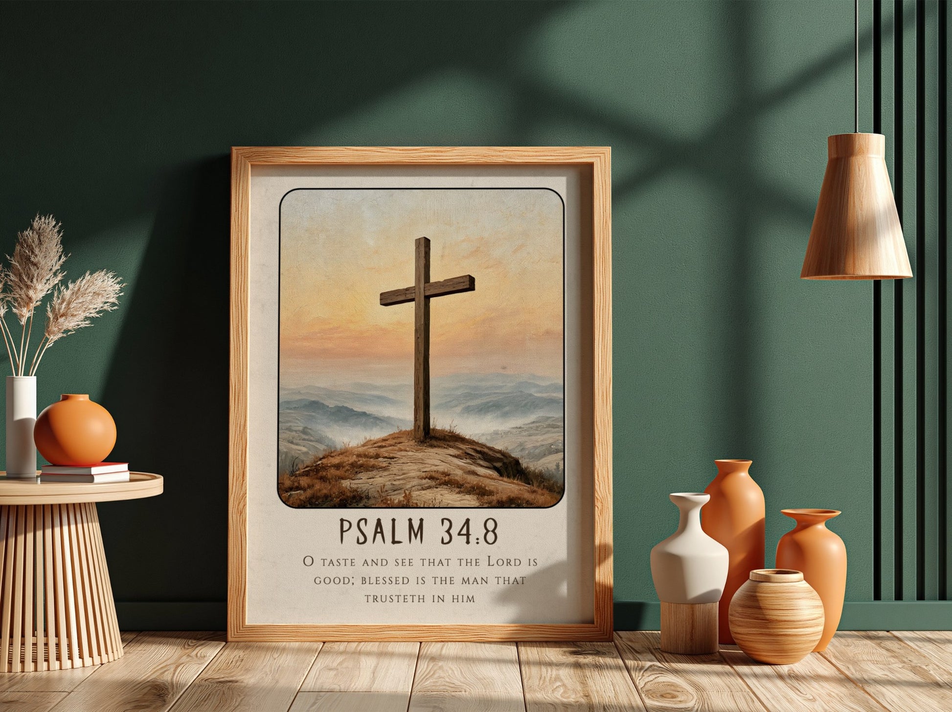 Inspirational religious poster featuring Psalm 34:8 with a wooden cross and serene landscape in warm colors.
