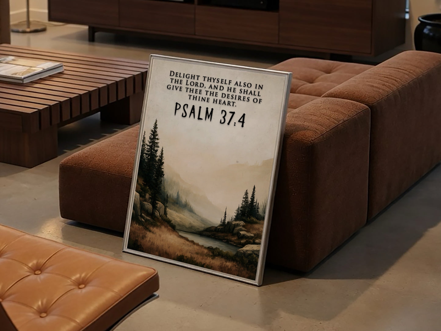 Psalm 37:4 scripture poster featuring a peaceful lake scene surrounded by pine trees.