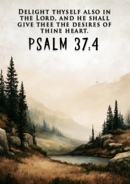 Psalm 37:4 scripture poster featuring a peaceful lake scene surrounded by pine trees.