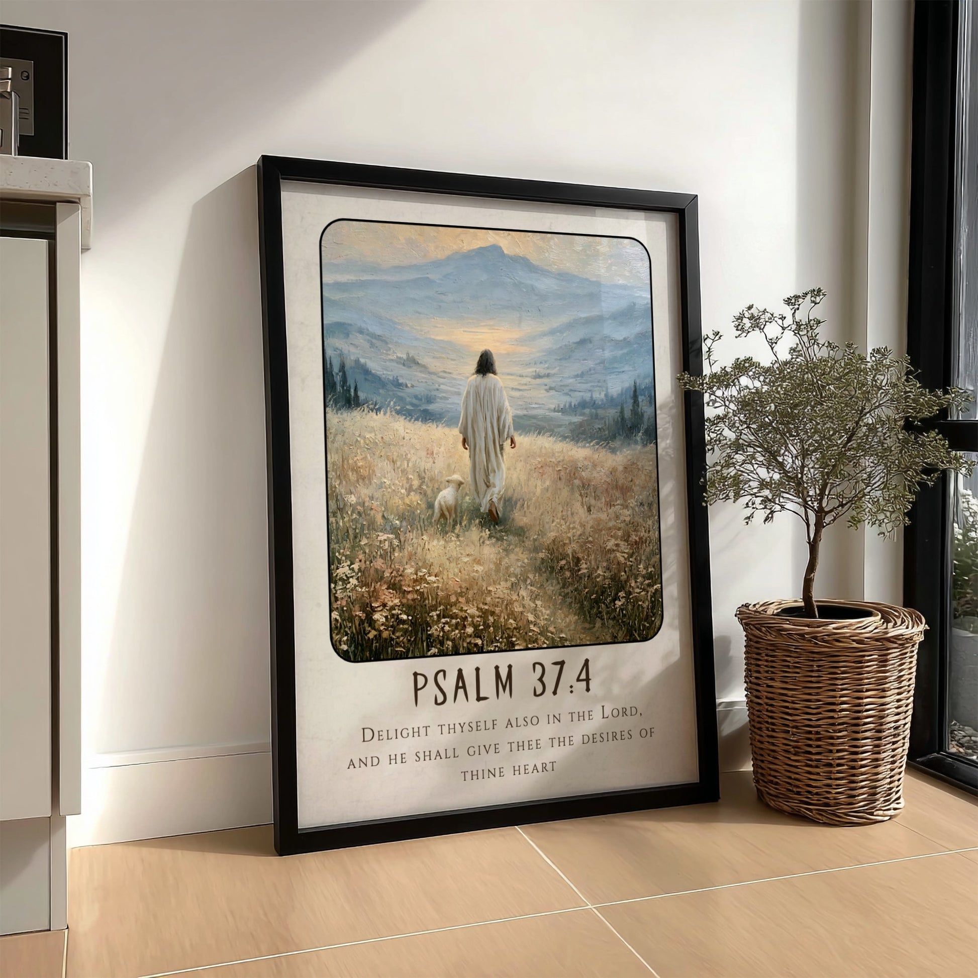 Psalm 37:4 poster featuring a serene figure walking in a meadow with soft colors and inspirational religious