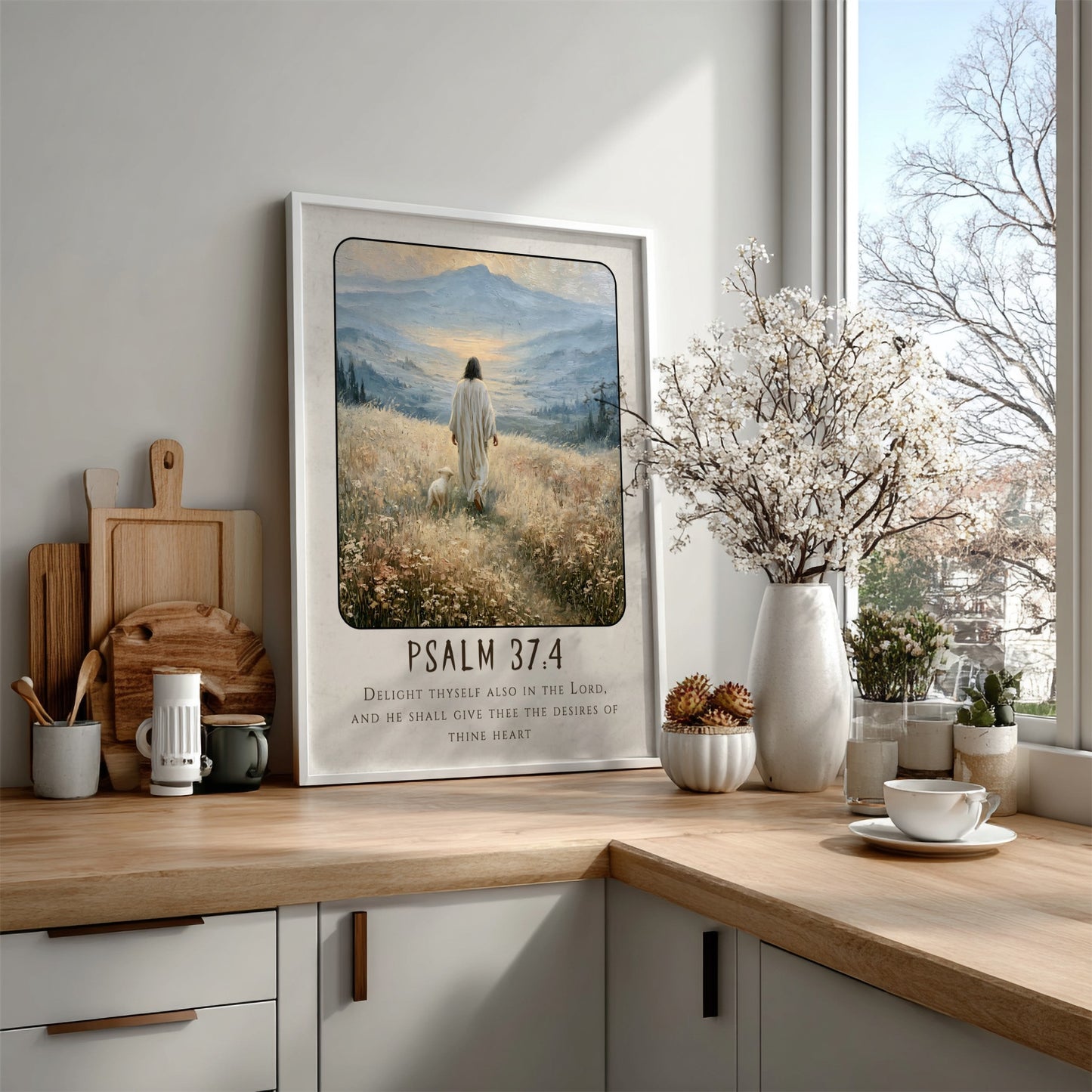 Psalm 37:4 poster featuring a serene figure walking in a meadow with soft colors and inspirational religious