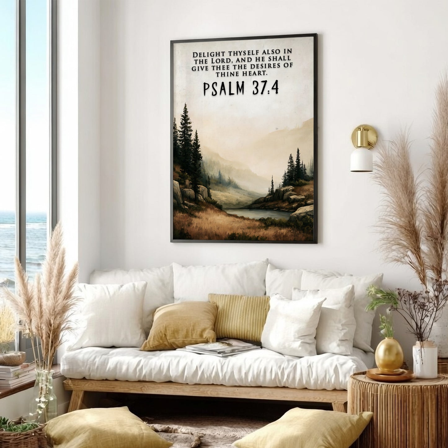 Psalm 37:4 scripture poster featuring a peaceful lake scene surrounded by pine trees.