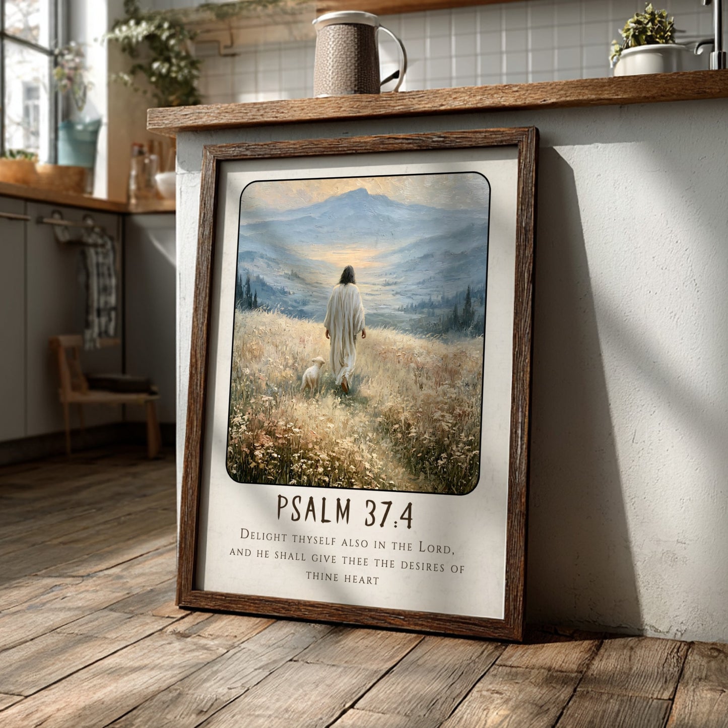 Psalm 37:4 poster featuring a serene figure walking in a meadow with soft colors and inspirational religious
