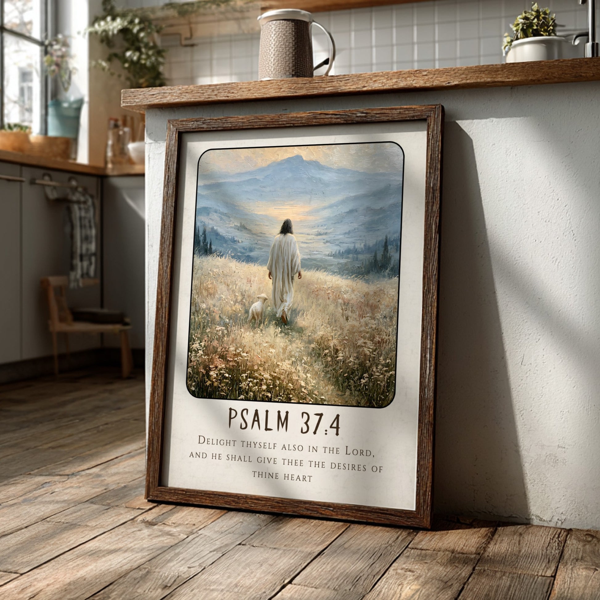 Psalm 37:4 poster featuring a serene figure walking in a meadow with soft colors and inspirational religious