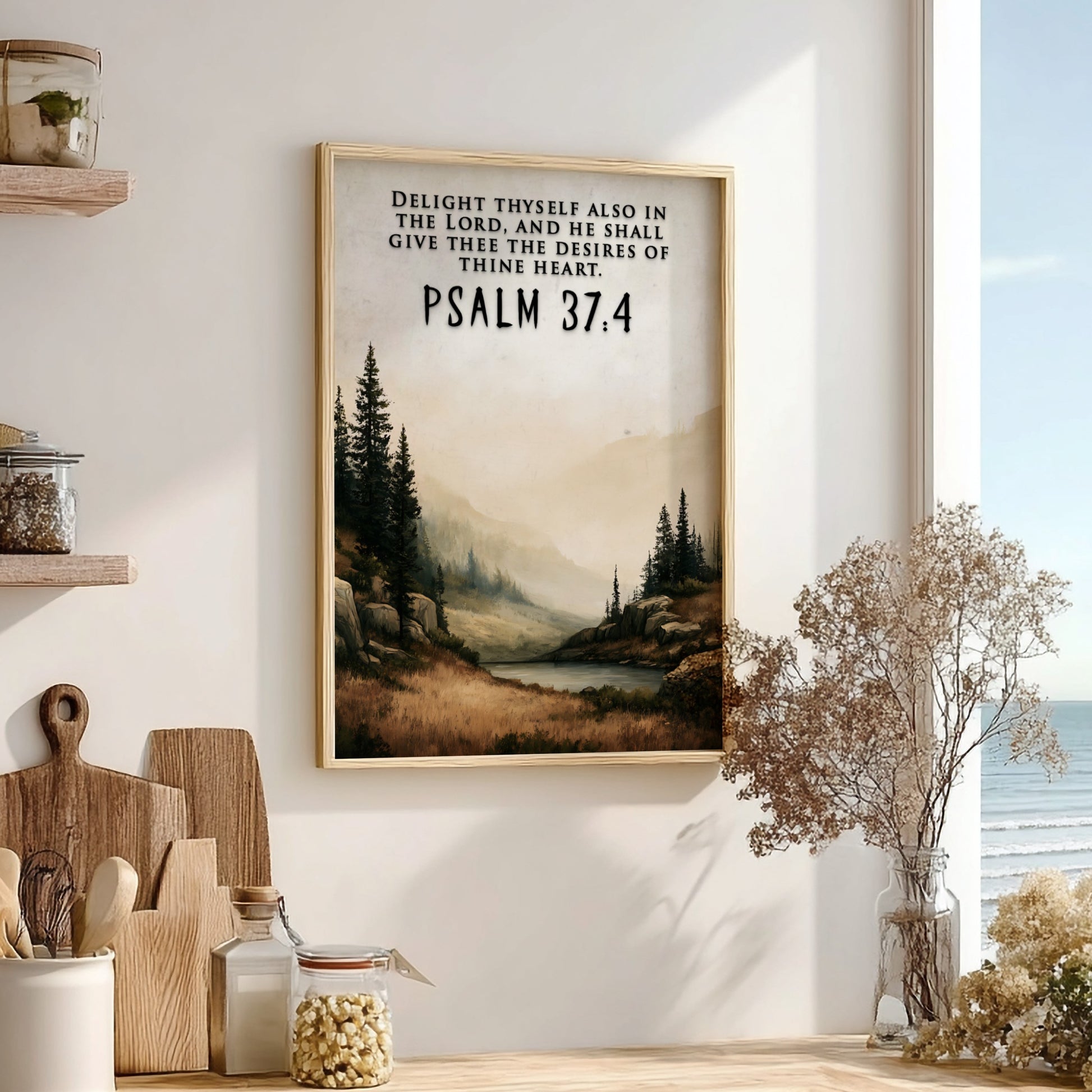Psalm 37:4 scripture poster featuring a peaceful lake scene surrounded by pine trees.