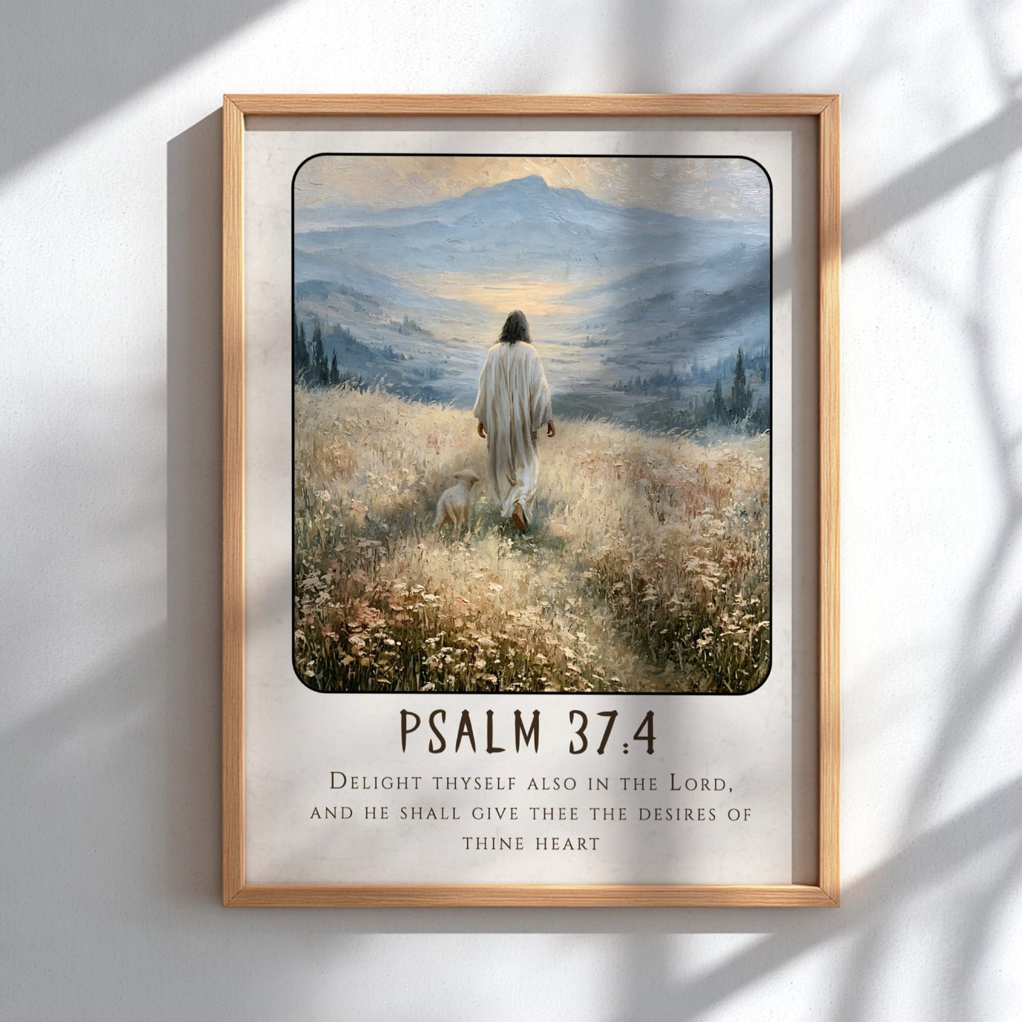 Psalm 37:4 poster featuring a serene figure walking in a meadow with soft colors and inspirational religious