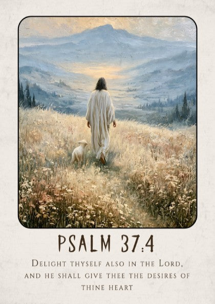 Psalm 37:4 poster featuring a serene figure walking in a meadow with soft colors and inspirational religious