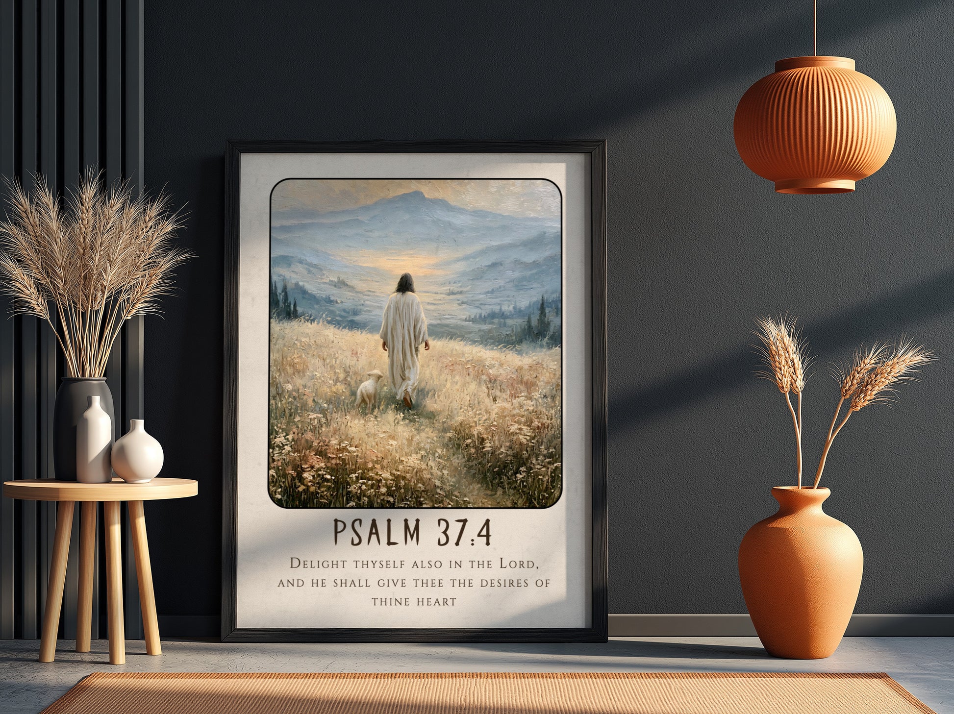 Psalm 37:4 poster featuring a serene figure walking in a meadow with soft colors and inspirational religious