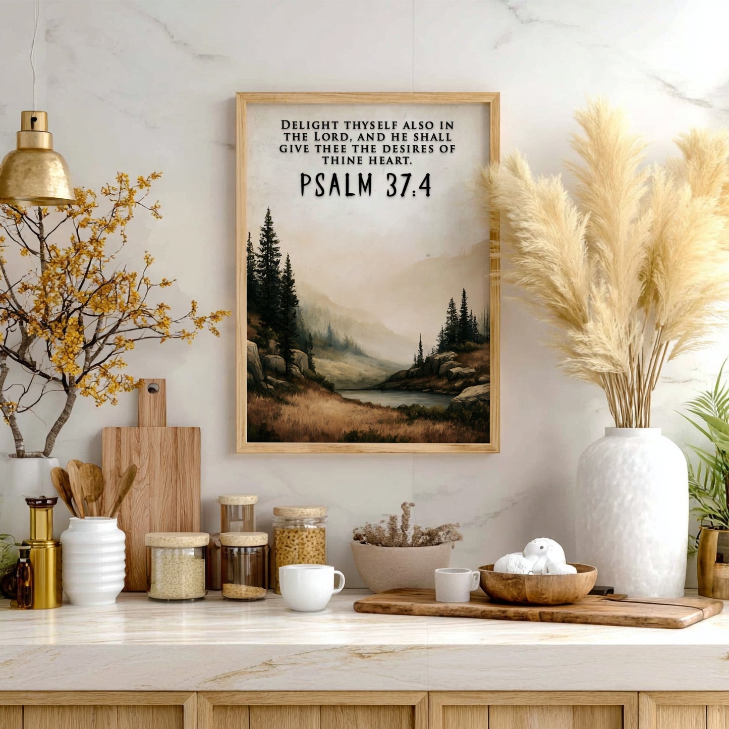 Psalm 37:4 scripture poster featuring a peaceful lake scene surrounded by pine trees.
