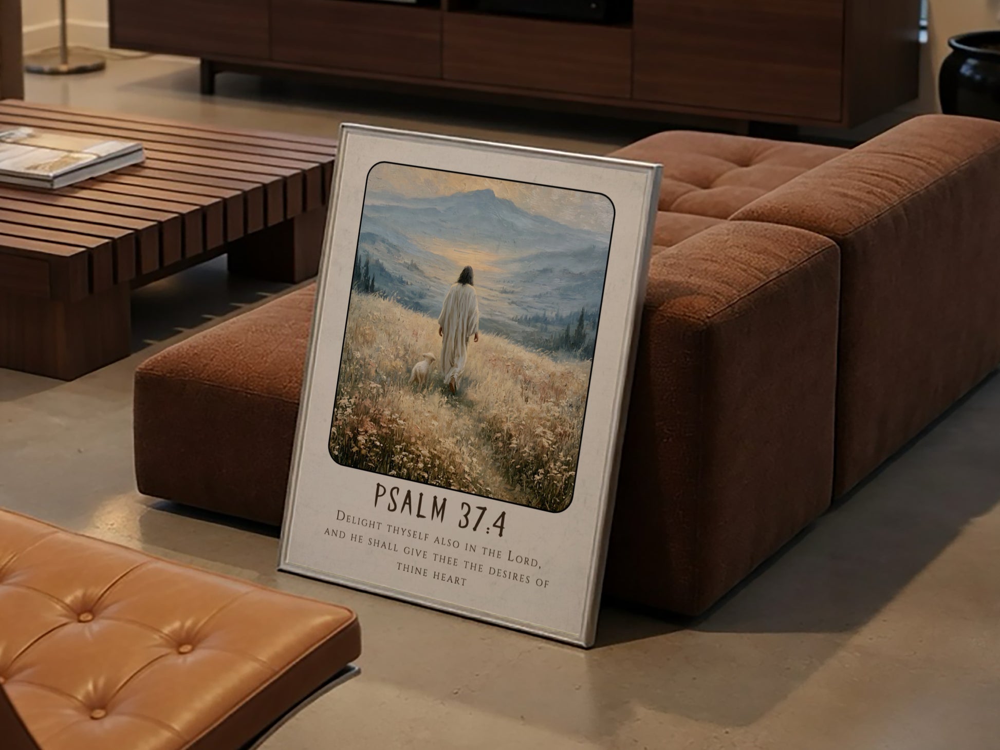 Psalm 37:4 poster featuring a serene figure walking in a meadow with soft colors and inspirational religious