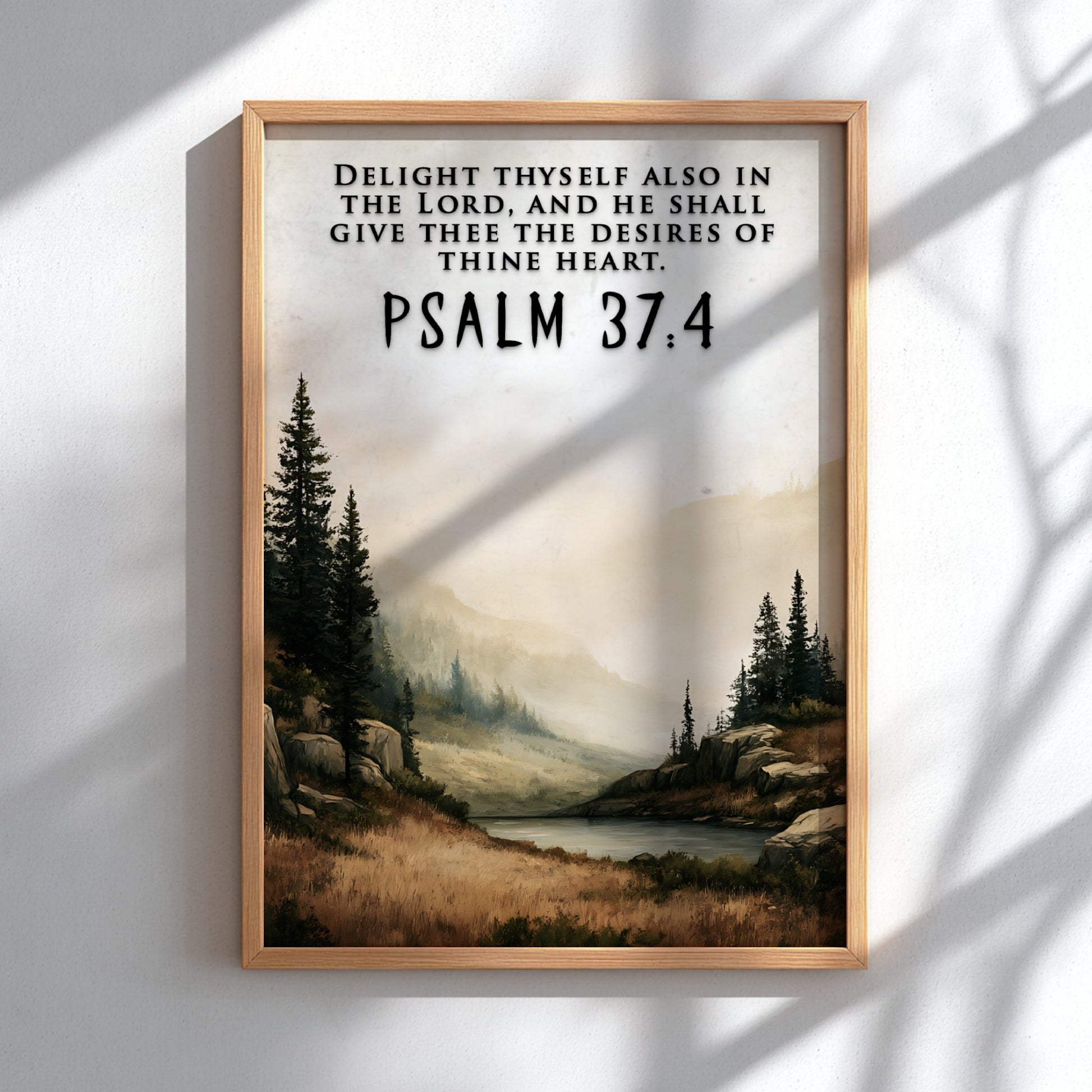Psalm 37:4 scripture poster featuring a peaceful lake scene surrounded by pine trees.