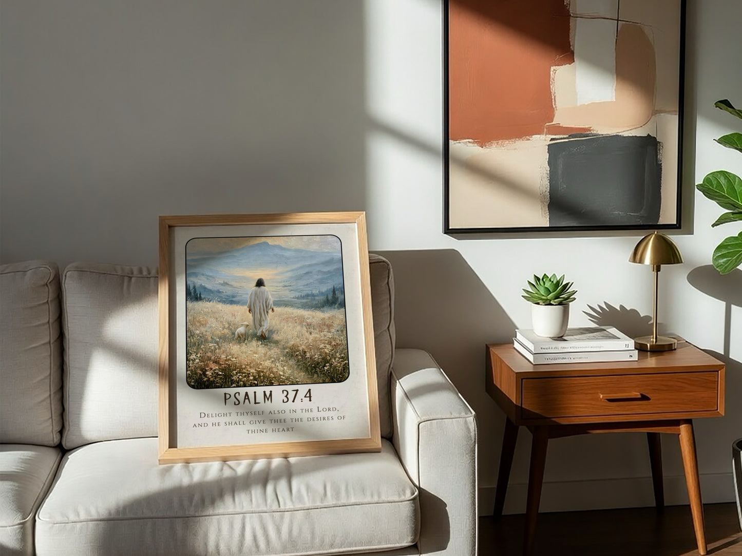 Psalm 37:4 poster featuring a serene figure walking in a meadow with soft colors and inspirational religious