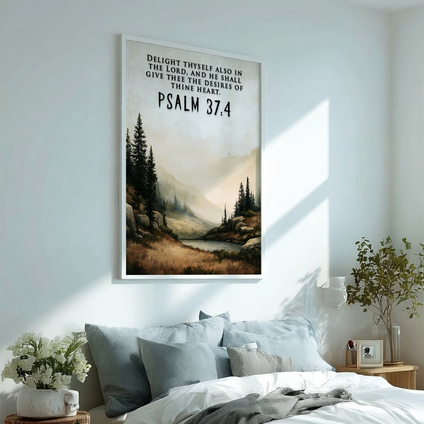 Psalm 37:4 scripture poster featuring a peaceful lake scene surrounded by pine trees.