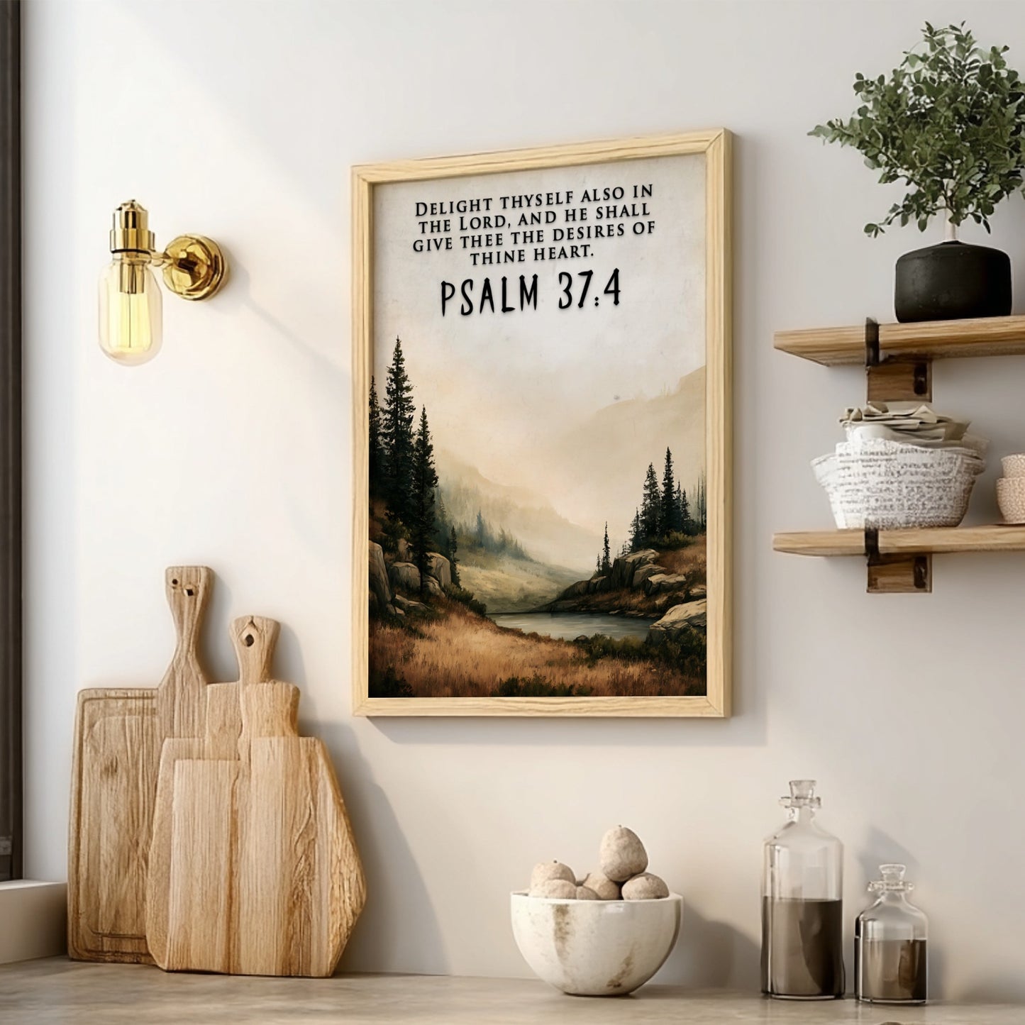 Psalm 37:4 scripture poster featuring a peaceful lake scene surrounded by pine trees.