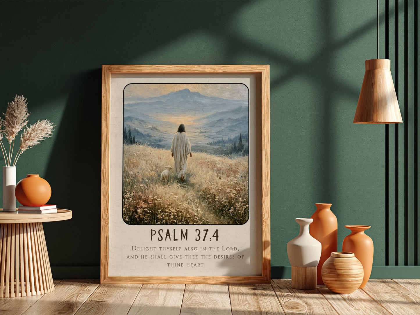 Psalm 37:4 poster featuring a serene figure walking in a meadow with soft colors and inspirational religious