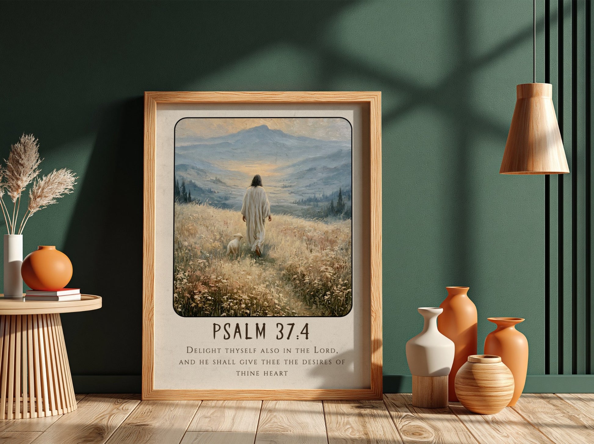 Psalm 37:4 poster featuring a serene figure walking in a meadow with soft colors and inspirational religious