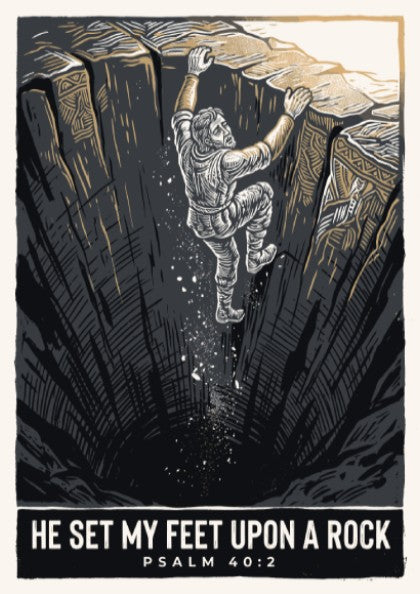 Poster showing a man climbing out of a dark cavern toward golden light.