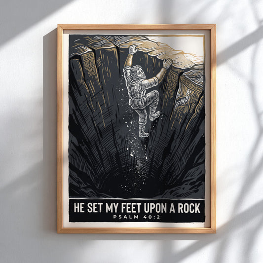 Poster showing a man climbing out of a dark cavern toward golden light.