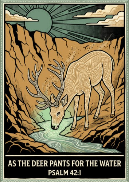 Poster featuring a stylized deer drinking from a stream with earth tone colors.