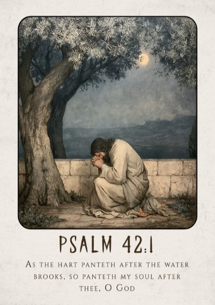 Psalm 42:1 poster featuring a figure in prayer under an olive tree, soft colors, religious wall art