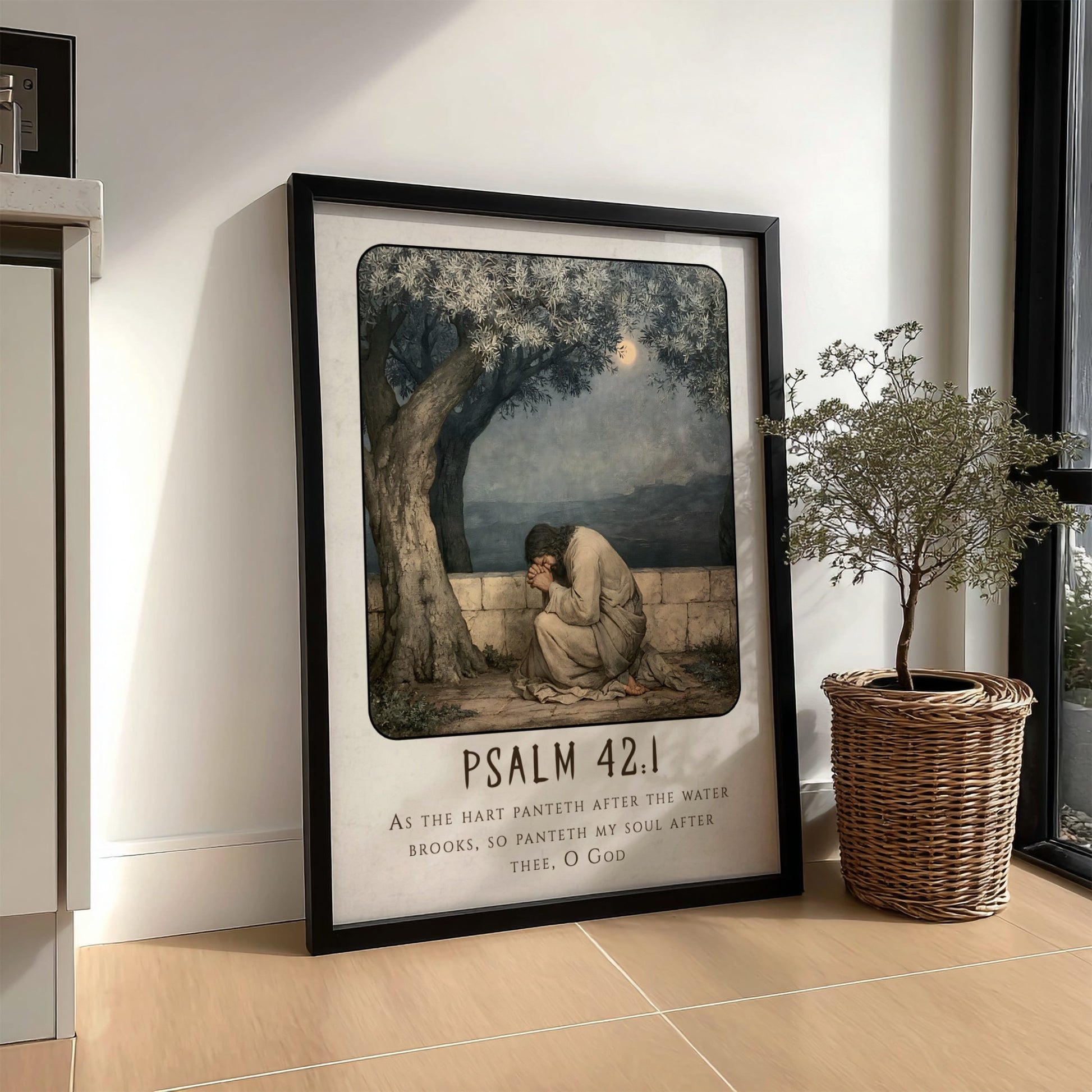 Psalm 42:1 poster featuring a figure in prayer under an olive tree, soft colors, religious wall art
