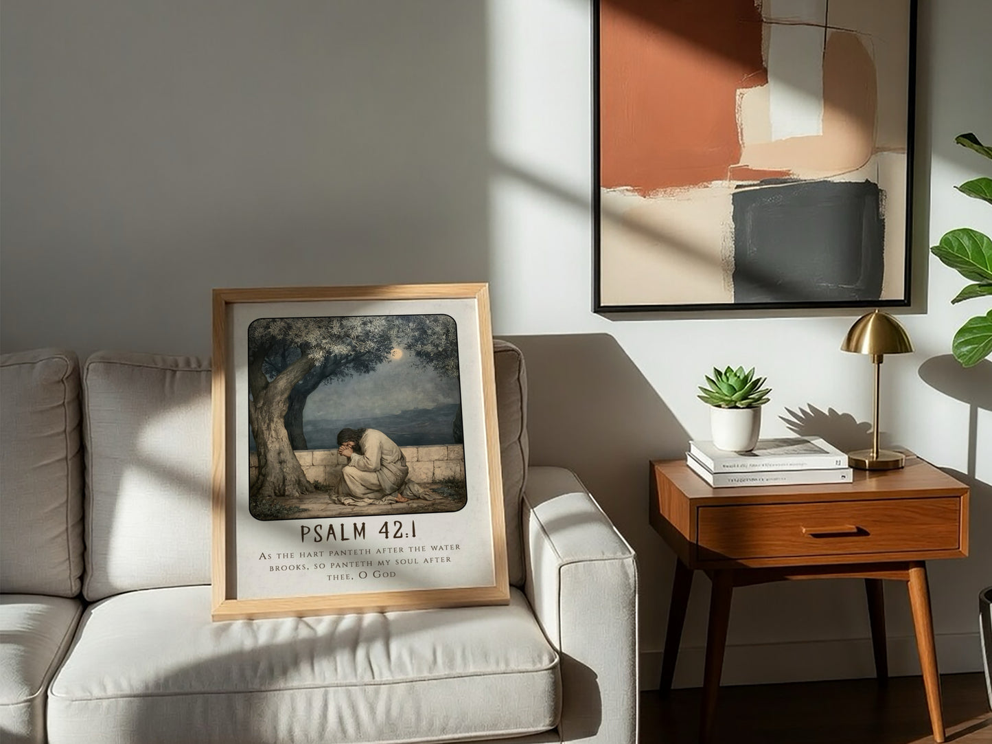 Psalm 42:1 poster featuring a figure in prayer under an olive tree, soft colors, religious wall art