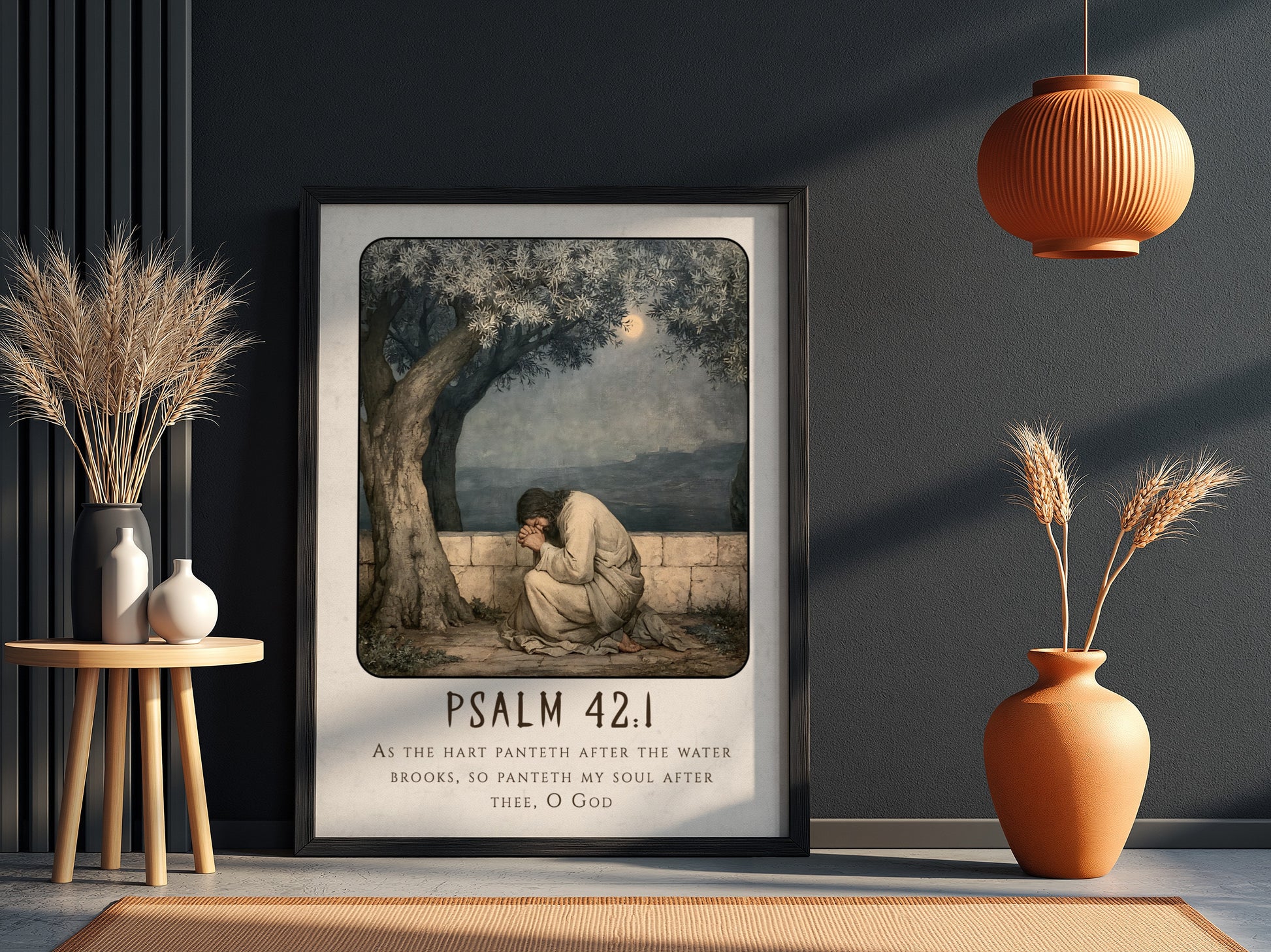 Psalm 42:1 poster featuring a figure in prayer under an olive tree, soft colors, religious wall art