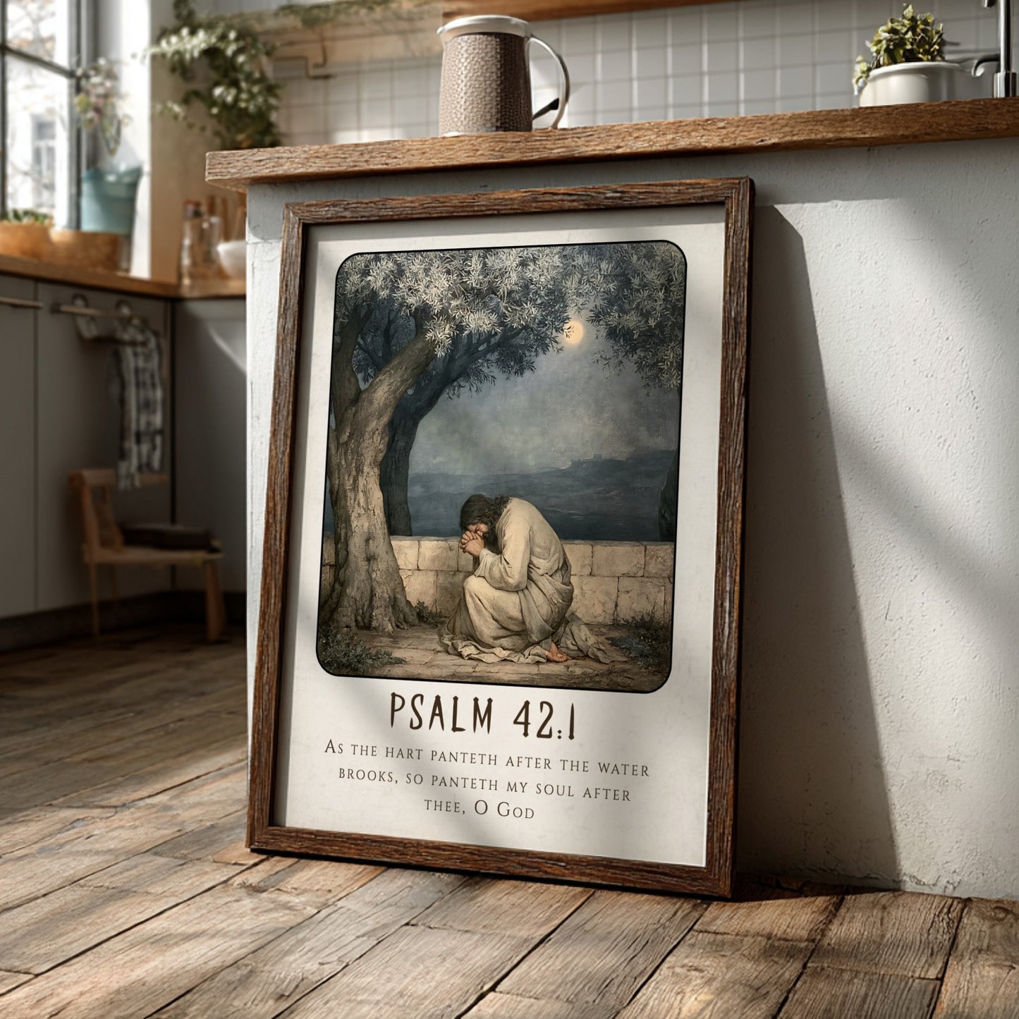 Psalm 42:1 poster featuring a figure in prayer under an olive tree, soft colors, religious wall art