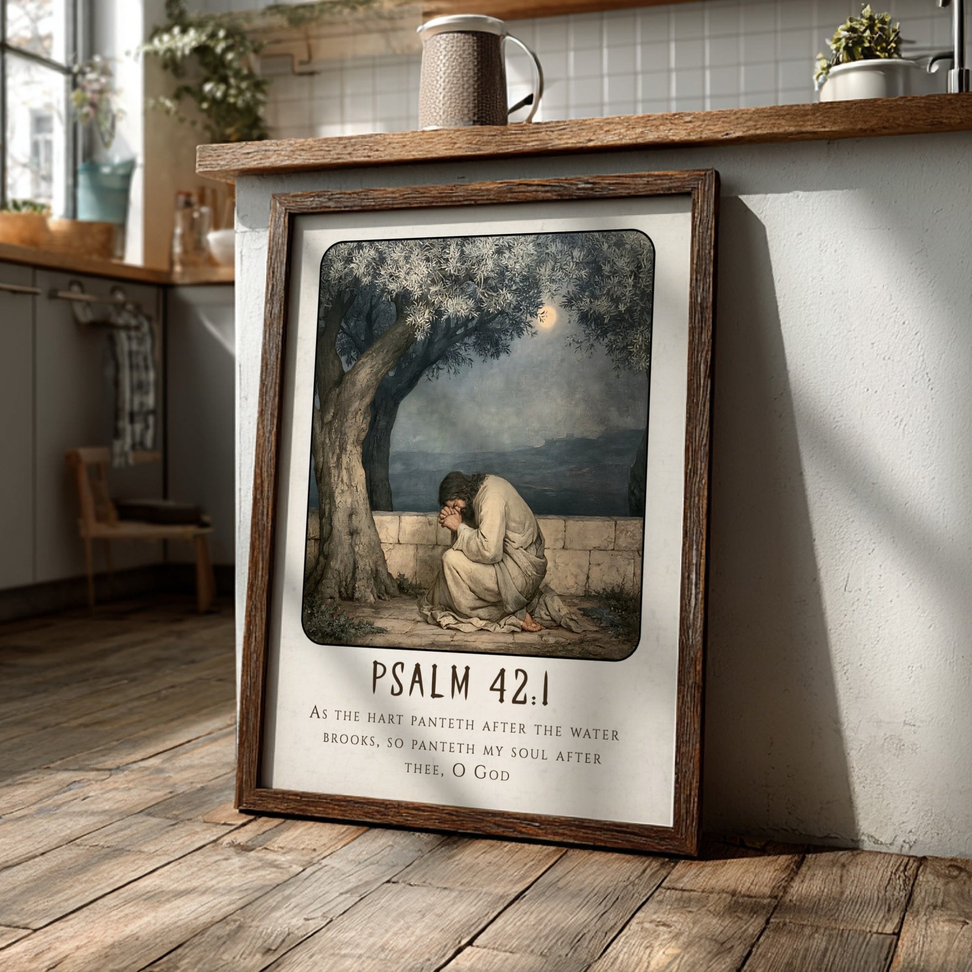 Psalm 42:1 poster featuring a figure in prayer under an olive tree, soft colors, religious wall art