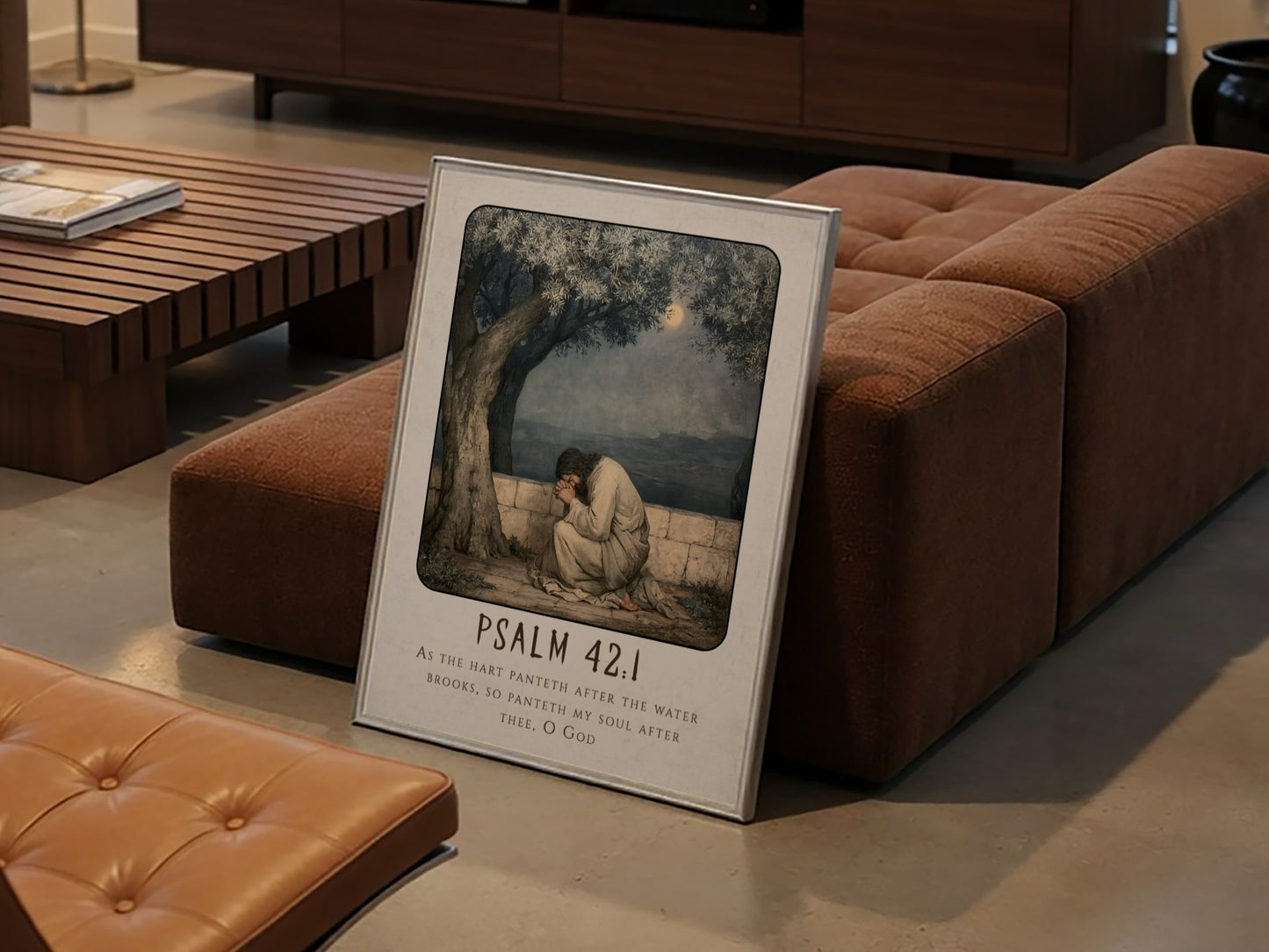 Psalm 42:1 poster featuring a figure in prayer under an olive tree, soft colors, religious wall art