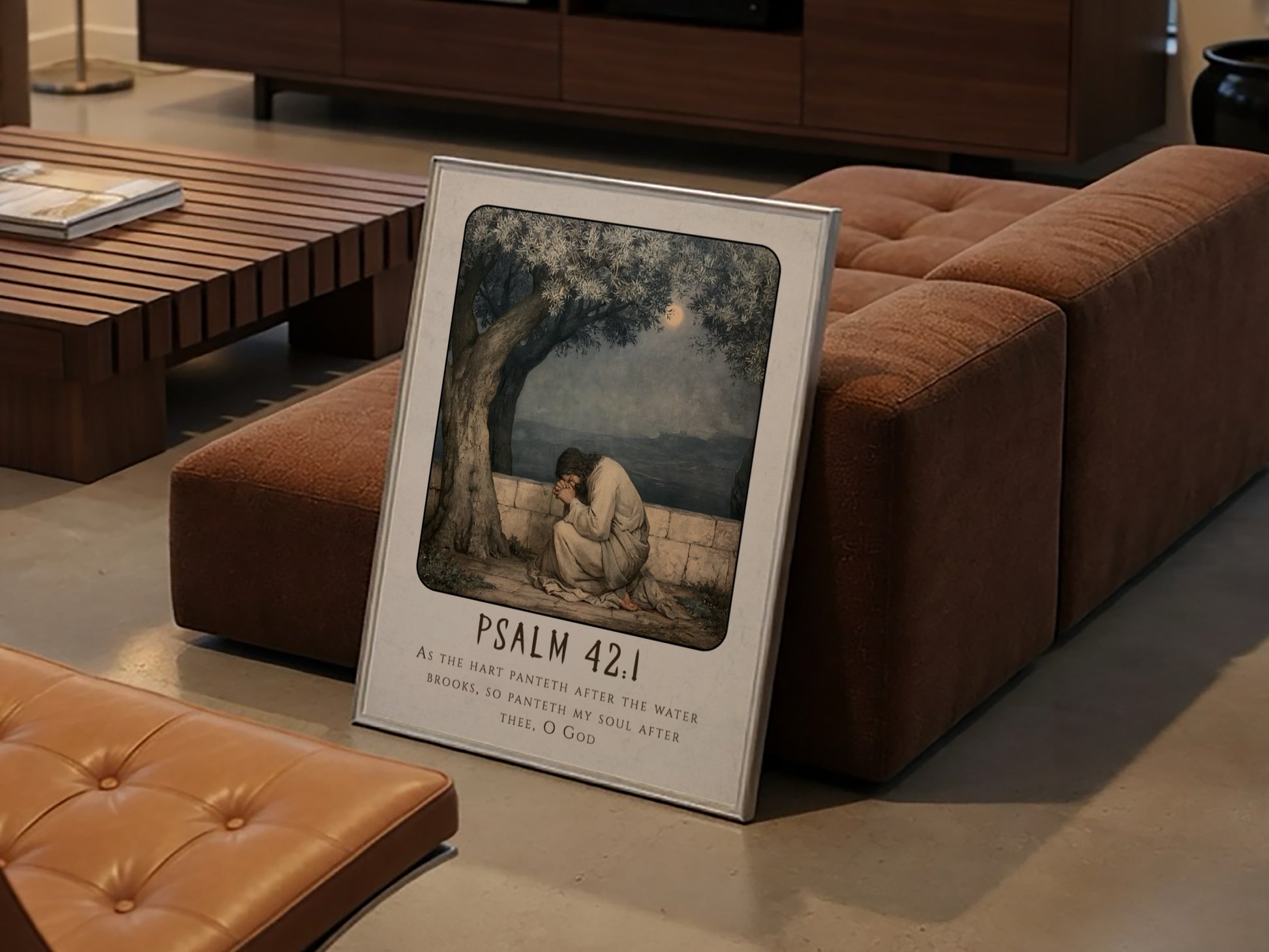 Psalm 42:1 poster featuring a figure in prayer under an olive tree, soft colors, religious wall art