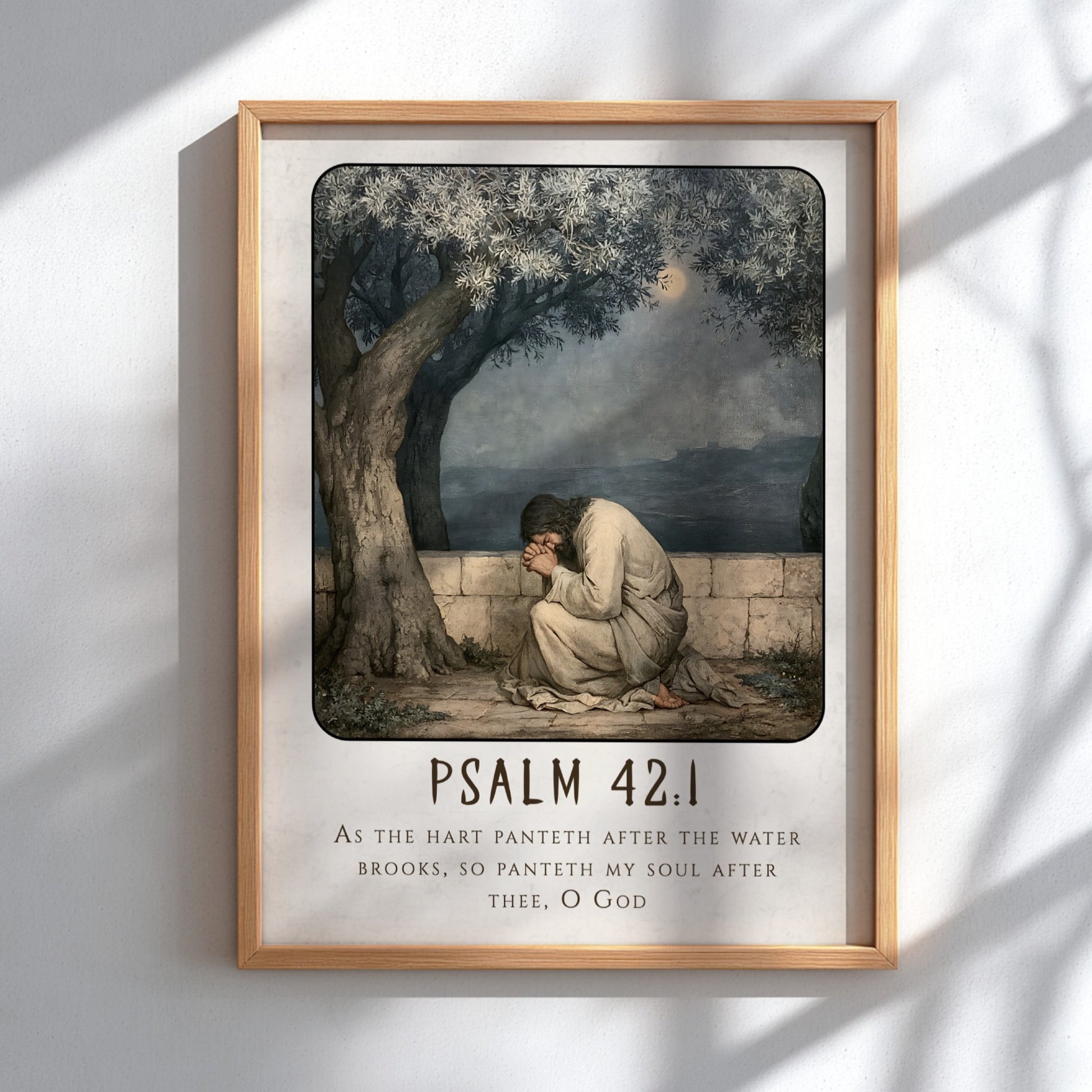 Psalm 42:1 poster featuring a figure in prayer under an olive tree, soft colors, religious wall art