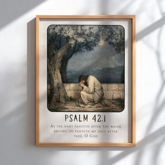 Psalm 42:1 poster featuring a figure in prayer under an olive tree, soft colors, religious wall art