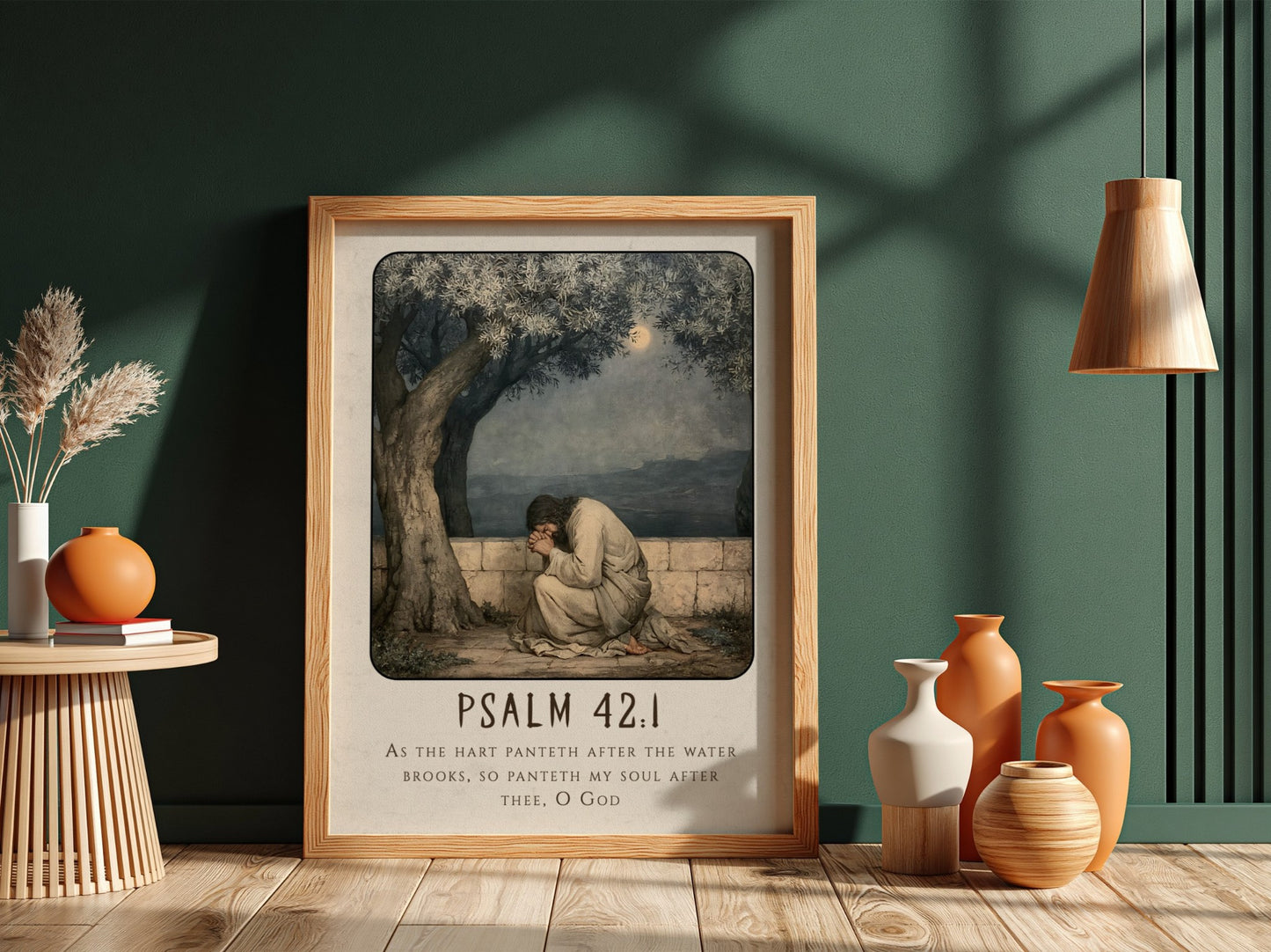 Psalm 42:1 poster featuring a figure in prayer under an olive tree, soft colors, religious wall art