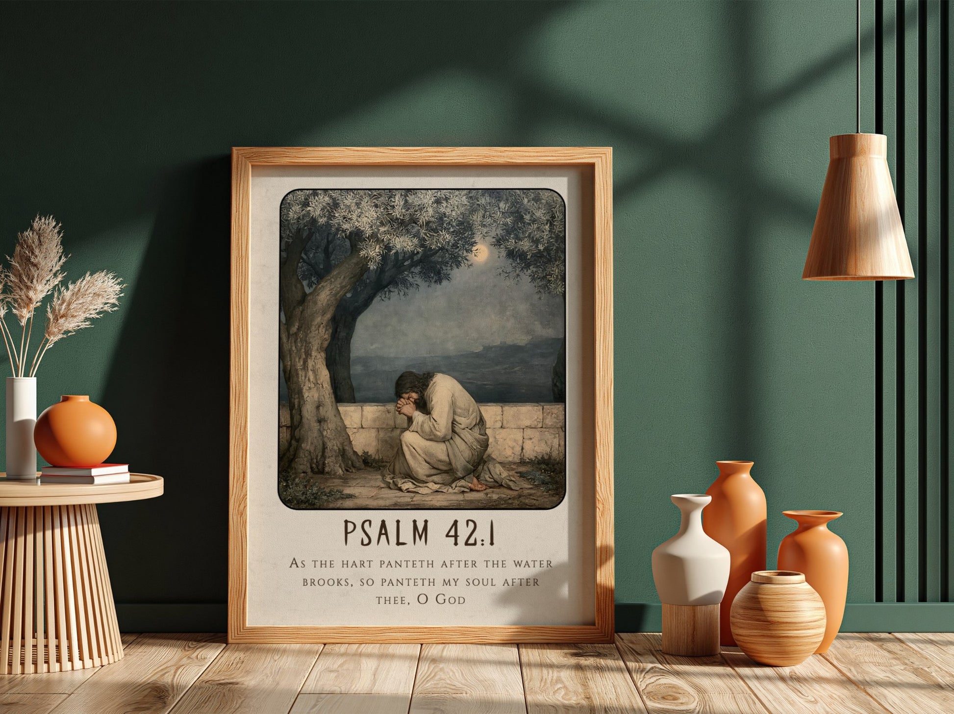 Psalm 42:1 poster featuring a figure in prayer under an olive tree, soft colors, religious wall art