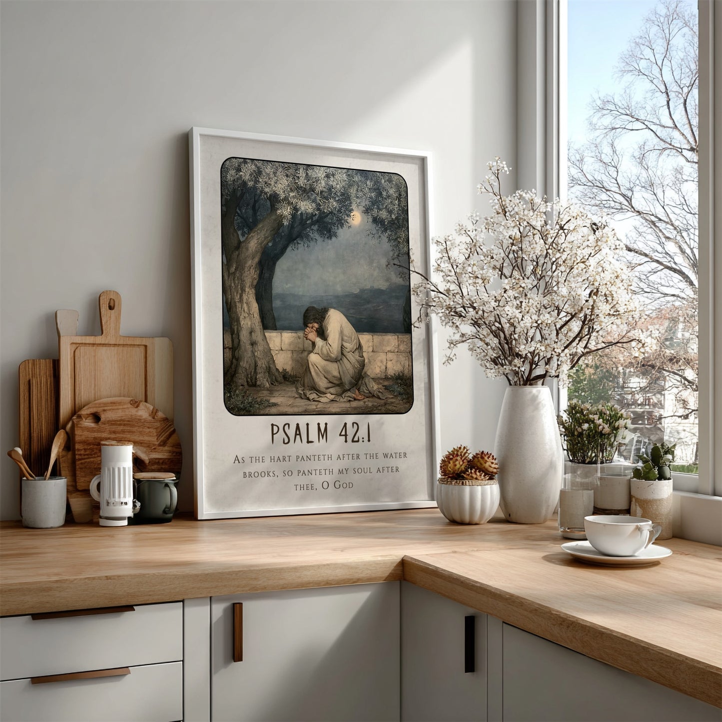 Psalm 42:1 poster featuring a figure in prayer under an olive tree, soft colors, religious wall art