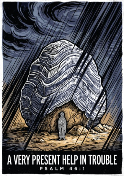 Poster featuring a figure sheltered by a massive rock during a dark storm